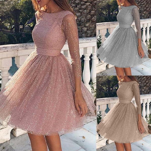 Women Fashion Glitter Dress Long Sleeve Prom Dress Sequin High Waist Party  Dress Plus Size