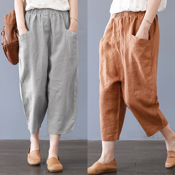 Linen Cropped Pants S-5XL Spring Casual Women Elastic Waist Pockets Solid  Color Capri Trousers Harem Pants
