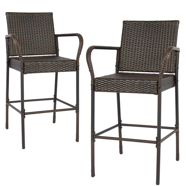 Set Of 2 Indoor Outdoor Wicker Barstool Patio Bar Stools Brown Wish Set Of 2 Indoor Outdoor Wicker Barstool, Wicker Bar Stools With Arms