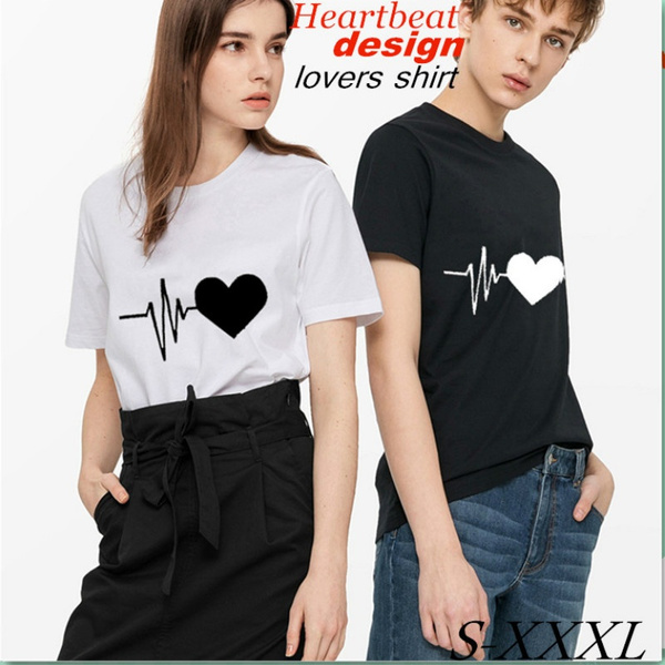 Creative Design Heartbeat Lovers T-Shirts Short Sleeve T Shirt Simple Cotton Brand Shirts Couple Top Tee | Wish