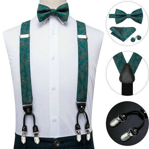 Mens Elegant Green Clip-on Suspender Jacquard Silk Paisley Bowtie  Adjustable Y-back Brace Belt Wedding Suit Accessories