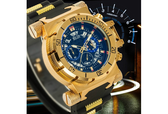 WOLF CLUB Hommes Casual Sport Montre Tourner Cadrans Montres or Montre Bracelet En Caoutchouc Montre bracelet tanche Montre Lumineuse