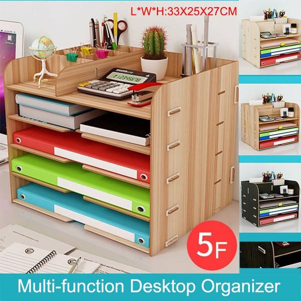 Multifunction Desktop Organizer Office Storage Rack Adjustable Wood