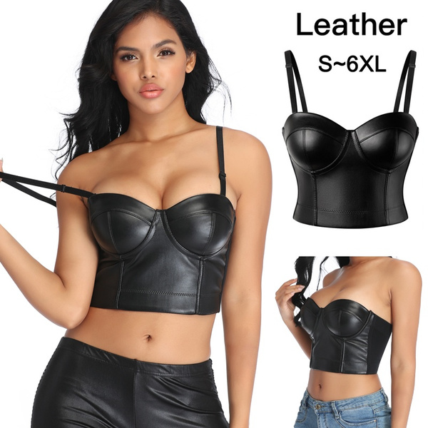 WJCCY Women Leather Corset Top Crop Bustier Gothic Bra Push Up