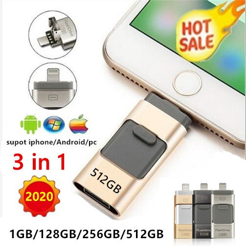 3 in 1 USB 3.0 Flash Drive Memory Stick OTG Pendrive For iPhone PC 512GB 256GB 