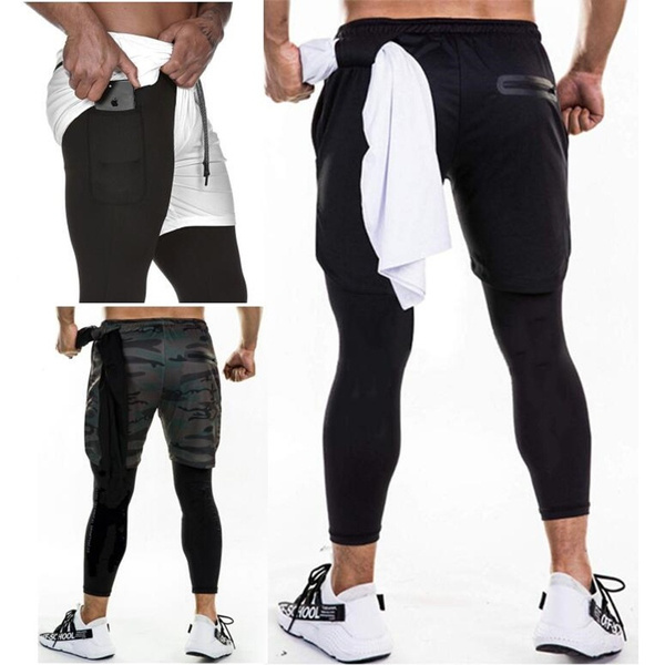 Men's Workout Pants Running Gym 2 in 1 Compression Shorts Leggings