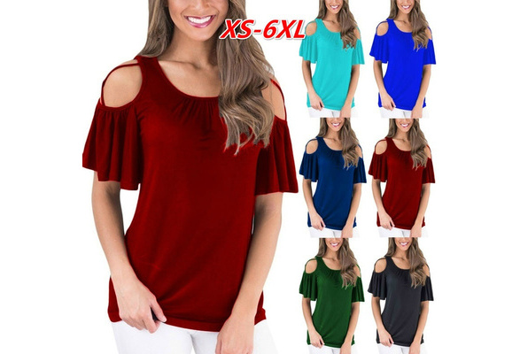 New Summer Women Fashion Strappy Cold Shoulder Tops Casual Solid Color  O-Neck Short Sleeve Shirt Cotton Tunic Blouse Plus Size Pleated Loose Tops  T-Shirt XS-6XL