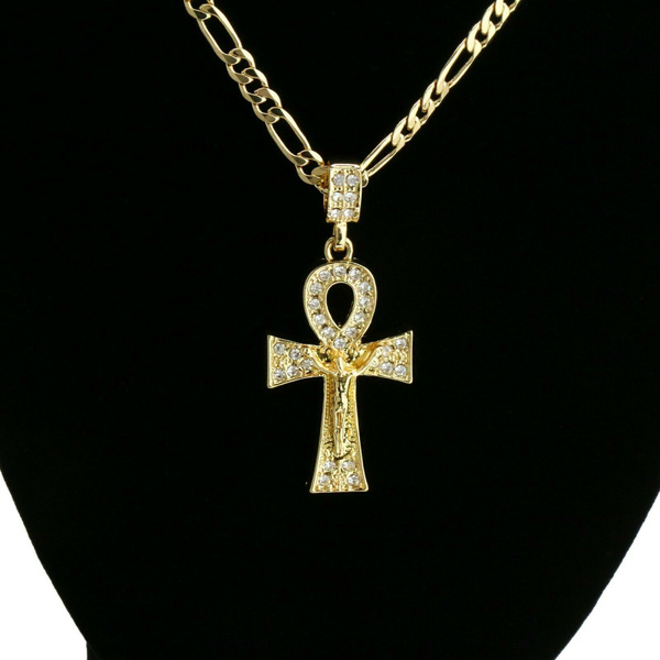 Mens Gold Jesus Egyptian Ankh Cross Cz 