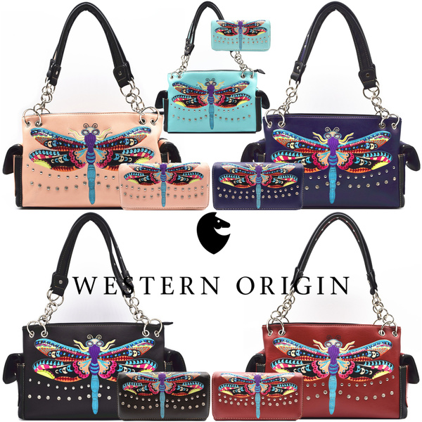 Colorful Dragonfly Western Spring Concealed Carry Purse Country Handbag  Women Shoulder Bag Wallet Set