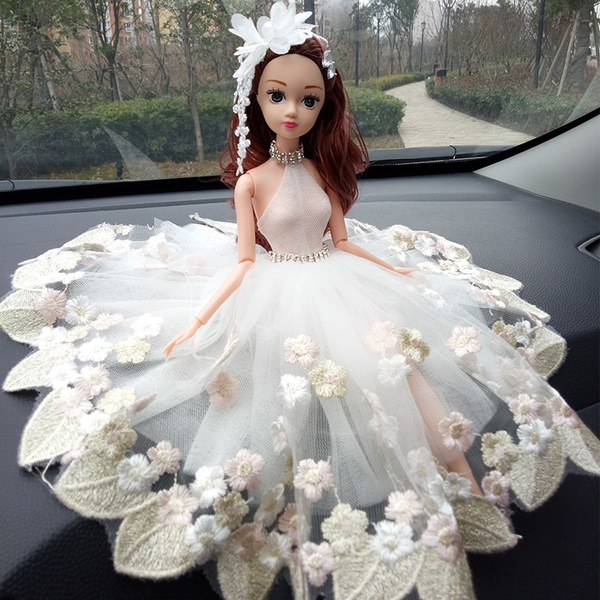 White Feather Wedding Dress Cute Dolls Car Accessories Interior Girls Decoration