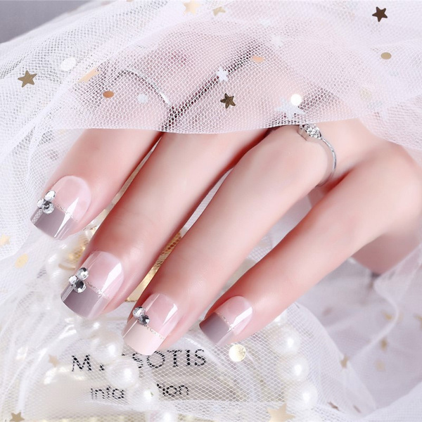 24pcs Hot Light Grey False Nails Rhinestone Short Square Full Cover Acrylic Nail Fake Nail Tips With Glue Wish