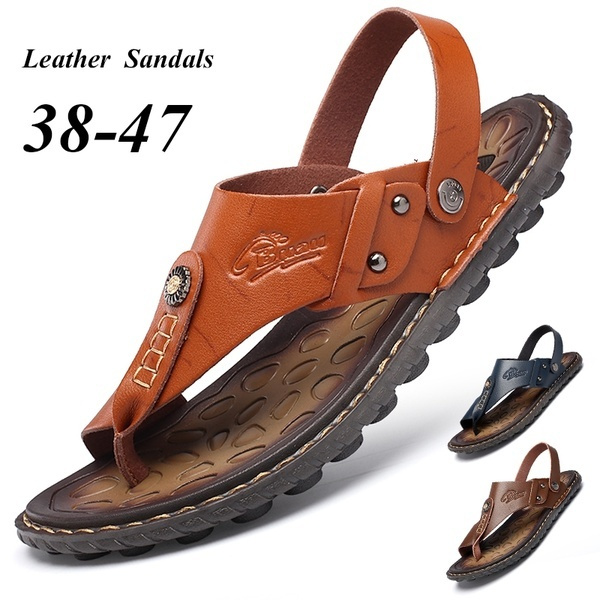 mens leather open toe slippers