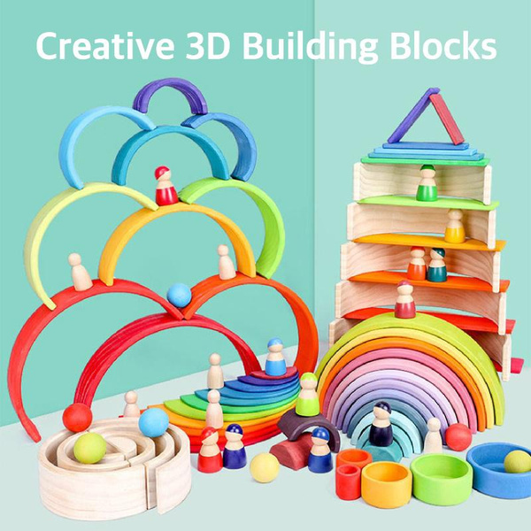 Rainbow Shape Wooden Color Stacking Block Baby Kid Children Educational Toy LE 