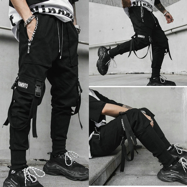 Men Cargo Pants Black Ribbons Block Multi-Pocket Harem Joggers Sweatpant  Hip Hop Casual Male Trousers 