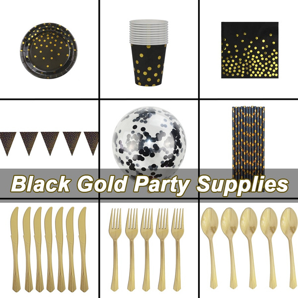 Rorchio Gold Party Tableware Golden Disposable Dinnerware Set include Gold Paper Plates Cups Napkins Straws and Nappe for Birthday Wedding Party Supplies 