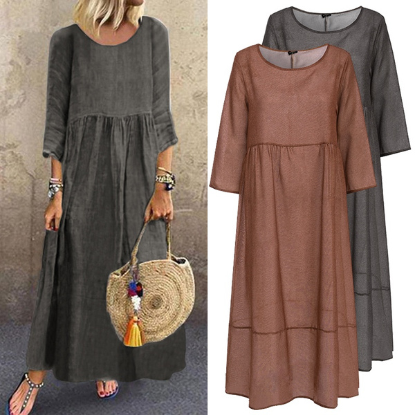 Jacansi Womens Casual Loose 3//4 Sleeve Round Neck Maxi Long Dress with Pockets Plus Size