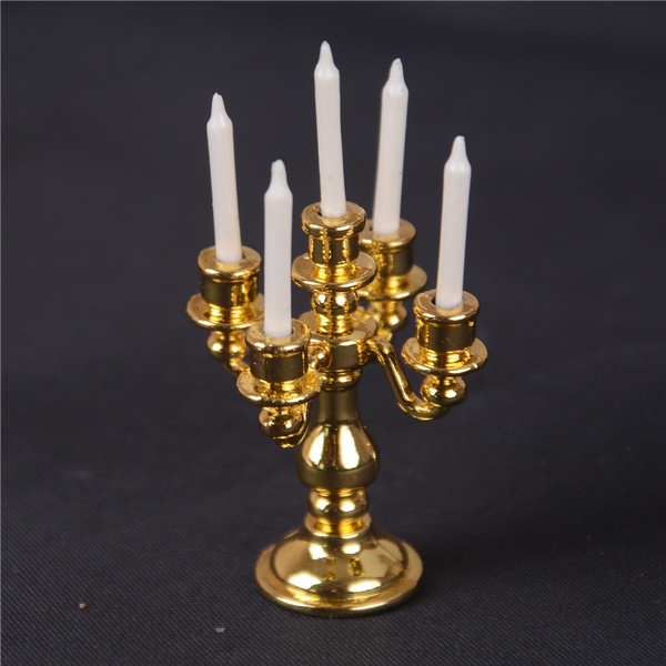 1/12 Scale Miniature Gold Candelabra 5 White Candles Dollhouse Kitchen toy F Ji 