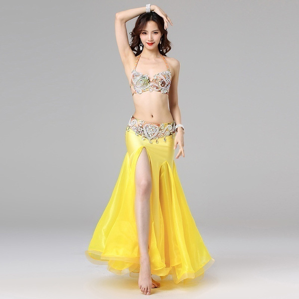 Yellow Women Dance Oriental Beaded Bra Belly Dance Costume Bra