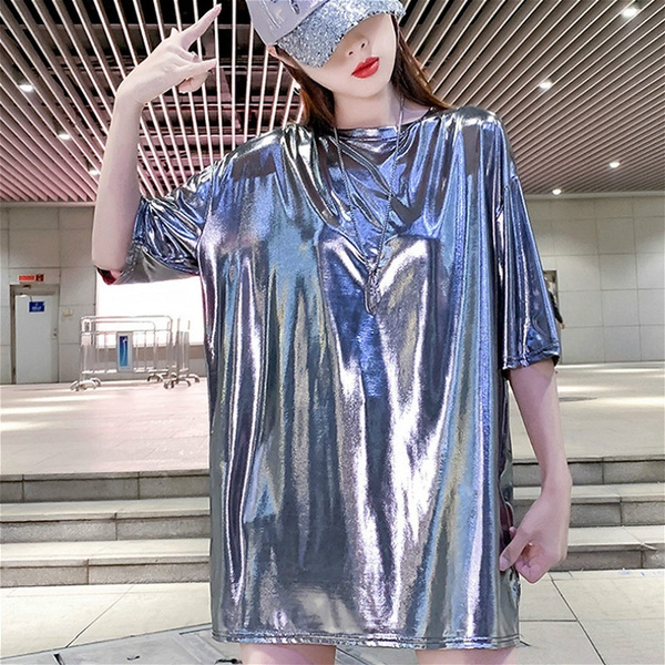 Women Metallic Wet Look T-Shirt Hip Hop Short Sleeve Dance Shiny Blouse  Party Clubwear