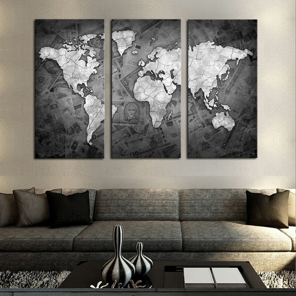 Grey World Map Canvas Frameless 3 Pcs Wall Art Classical Grey Color Modern World Map Canvas  Painting Contemporary Artwork Wall Picture For Living Room | Wish