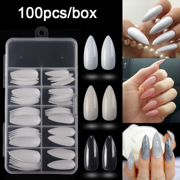 100pcs Box Long False Nails Full Cover Almond Shape Stiletto Fake Nails Art Tips Acrylic Manicure 10 Sizes Nail Art Salon Tools Wish