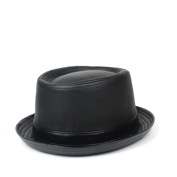 100% Leather Men Balck Pork Pie Hat For Dad Fedora Hat Fasgion ...