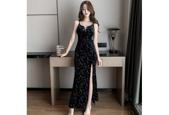 Ladies Shiny Velvet Black Long Dress 