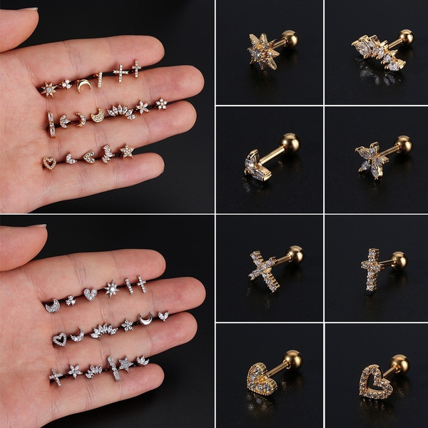 CZ Moon Tragus Earrings star cartilage studs star tragus earring conch earring CZ Moon Tragus Earrings star cartilage studs star tragus earring conch earring