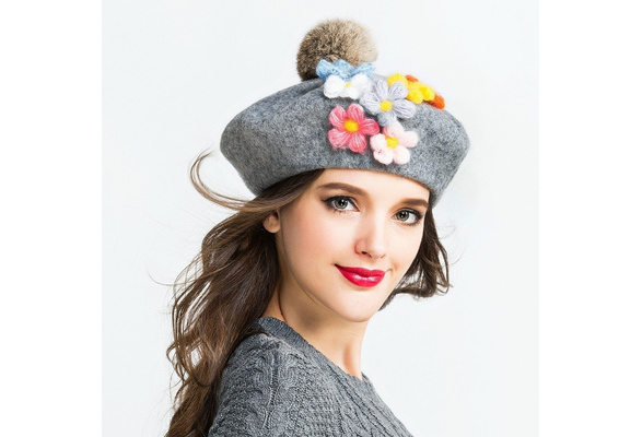 Spring Wool Women's Top Fur Ball pom poms Beret Hat For Laday