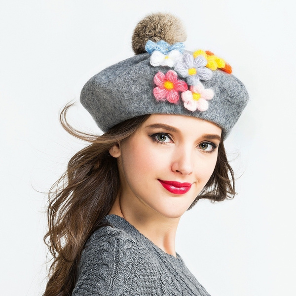Spring Wool Women's Top Fur Ball pom poms Beret Hat For Laday