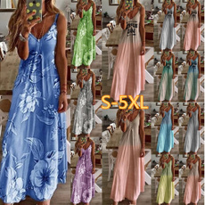 2020 Summer New Fashion Women's Slim Flower Printed Halter Dress Sleeveless Plus Size V-neck Maxi Dress