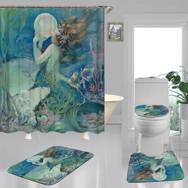 Sea Mermaid Art Shower Curtain Bath Mat Toilet Cover Rug Bathroom Decor Set 