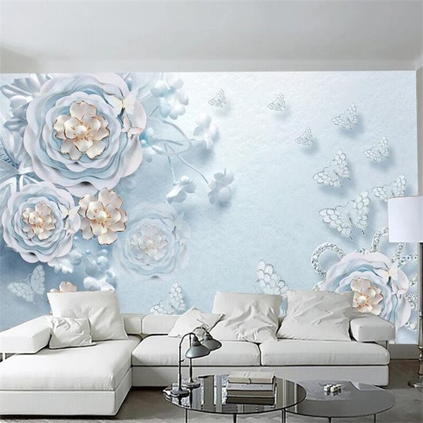 Custom wallpaper 3D fantasy blue modern embossed jewelry floral butterfly  background wall 5d living room wallpaper | Wish