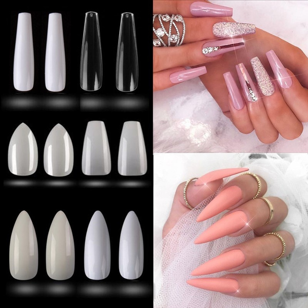 500pcs Bag Long Short Stiletto Coffin Fake Nails White Natural Beige Clear Nail Tips Press On Nail Full Cover Half Cover False Wish