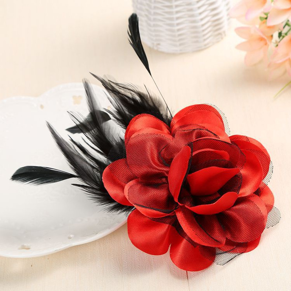 Rose Flower Hair Clip, Floral Brooch Feather Corsage Rose Hair