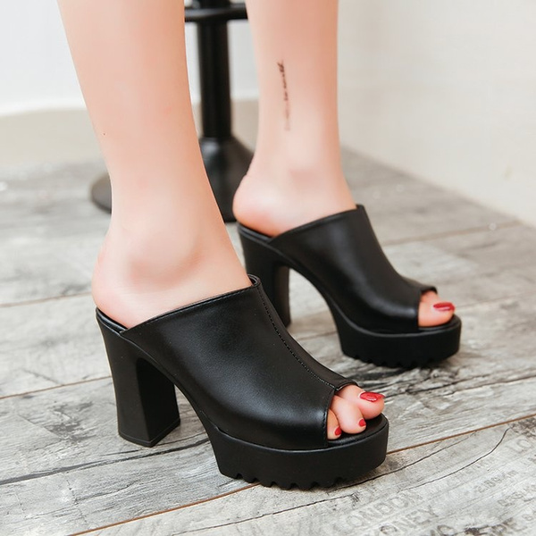 Womens Thick Platform Slippers Peep Toe Sandals Wedge High Heels Mules Summer