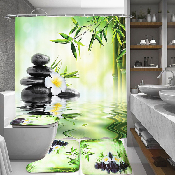 Bamboo Stone Forest Style Waterproof Bathroom Shower Curtain Non Slip Carpets Toilet Seat Cover Bath Mat Pedestal Rug Wish