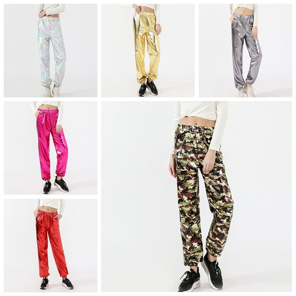 Women Wet Look Trousers Metallic Shiny 