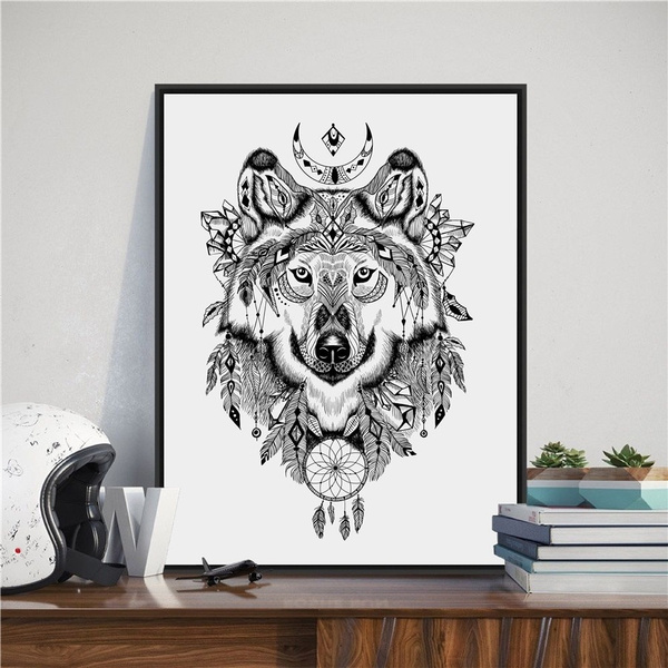 One piece black and white Dream Catcher wolf animal canvas paintings Hand Drawn Aztec Style printing poster home decoration | Wish One piece black and white Dream Catcher wolf animal canvas paintings Hand Drawn Aztec Style printing poster home decoration | Wish