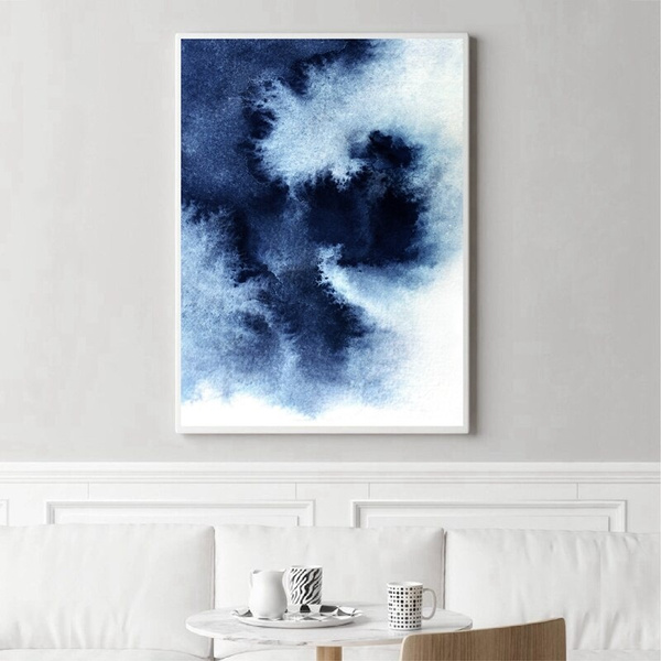 Navy Blue Abstract Watercolor Brushstroke Downloadable Wall Art Print for Bedroom Over the Bed Minimalist Indigo Blue Watercolor Painting