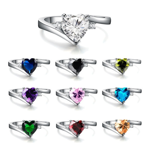 12 Birthday Stone Silver Rings Rainbow White Crystal Love Heart Diamond Embellishment Engagement Promise Ring Gift For Her Each Color Represents A Different Meaning Wish