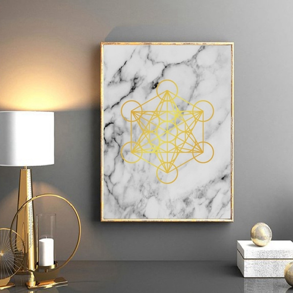 Gold Metatron Cube Marble-Wall Art Canvas Painting-Golden Sacred Geometry Print-Fruit of Life Art Poster-Home Wall Art Decor 60x80cm no Frame