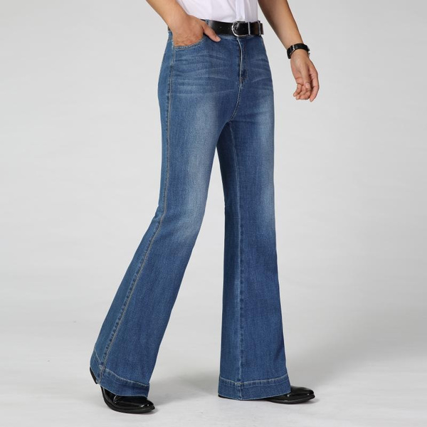 Men Bell Bottom Jeans Flared Denim Pants 60s 70s Vintage Wide Leg Trousers  Blue Slim Fit