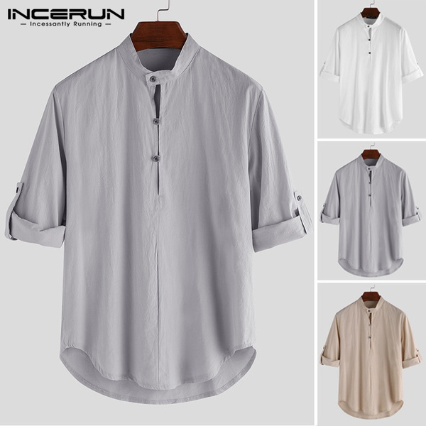 New Men's Cotton Linen Shirt Baggy Top Chinese Kung Fu Mandarin Collar ...