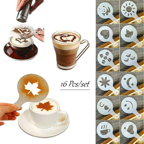 16Pcs/Lot Coffee Latte Cappuccino Barista Art Stencils Cake Duster  Templates Coffee Accessories