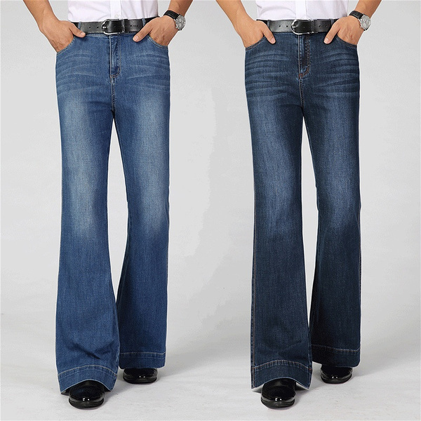 Men Bell Bottom Jeans Flared Denim Pants 60s 70s Vintage Wide Leg Trousers  Blue Slim Fit