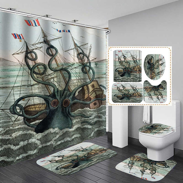 Kraken Octopus Art Shower Curtain Bath Mat Toilet Cover Rug Bathroom Decor Set 