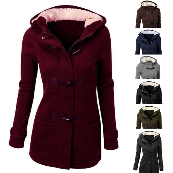 Womens Fashion Hooded Long Section Wool Blend Jacket with Leather Ox Horn  Shape Buckle Warm Coat