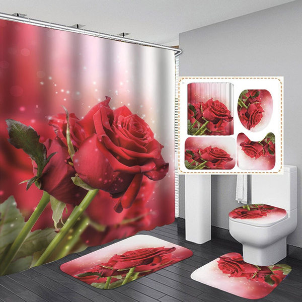 Red Rose Flower Bath Mat Toilet Cover Rug Shower Curtain Bathroom Decor Set 