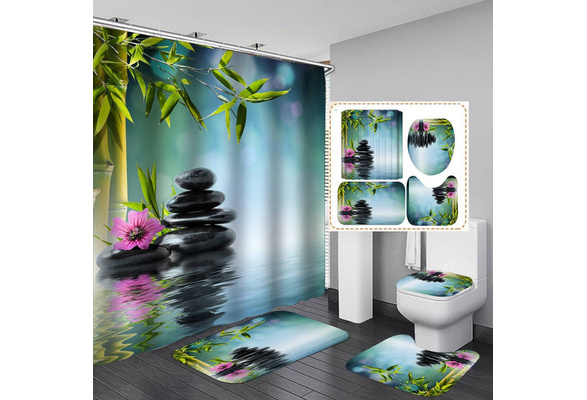 Spring Water Spa Shower Curtain Set Polyester Bathroom Decor Mat Rug Bamboo Zen